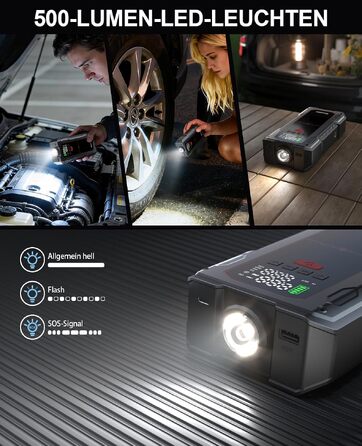 Бустер для авто Starthilfe Powerbank 6000A: пусковий пристрій з компресором 150PSI, 12V для бензинових (до 9л) та дизельних (до 7.5л) двигунів, чорний
