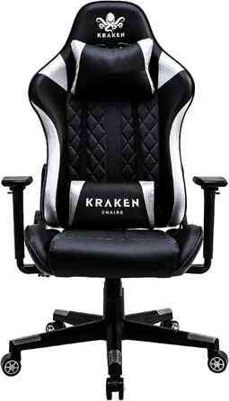 Ігрове крісло KRAKEN CHAIRS, ергономічне, офісне, з регульованою висотою, 3D підлокітниками, подушкою для попереку та підголівником, чорне-сріблясте, екошкіра