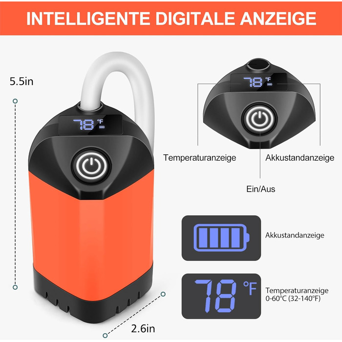 Портативний кемпінговий душ B013 з акумулятором 7800mAh, USB-C, 3-рівневою лійкою та LED-дисплеєм температури, водонепроникний, помаранчевий