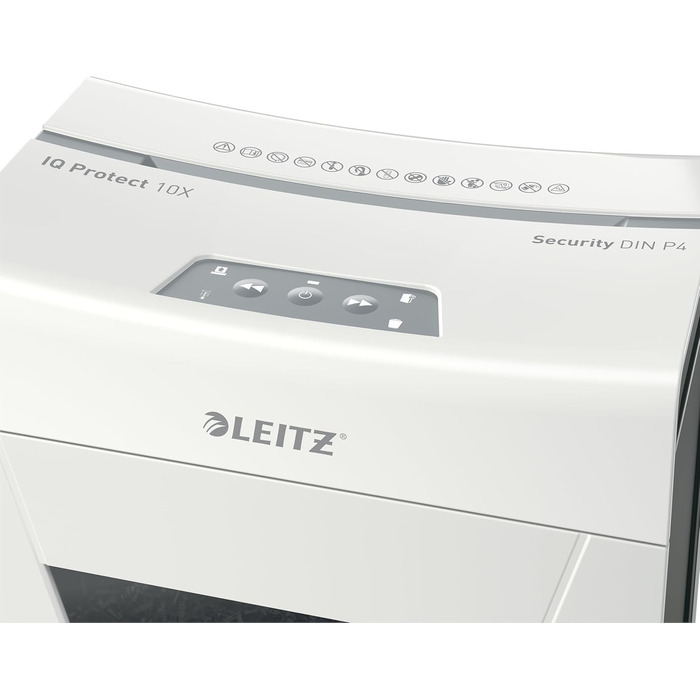 Leitz IQ 10X Premium Protect: Шредер для документів, партіковий зріз, 11-10 аркушів, тихий, компактний, сертифікований, 18л контейнер, для офісу та дому, білий