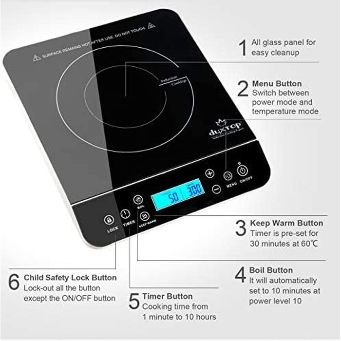 Плита індукційна Duxtop 2100W з сенсорним керуванням, LCD-дисплеєм, таймером 10 годин та 20 рівнями потужності/температури