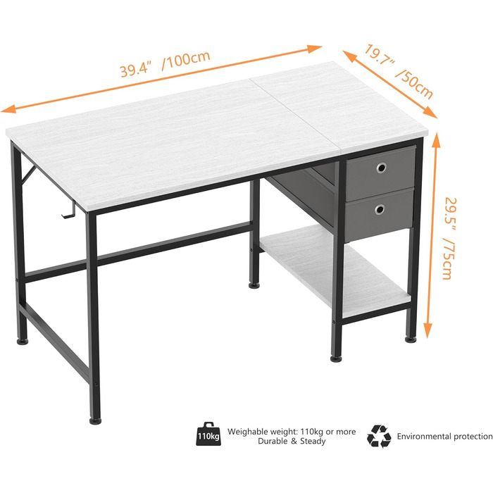 Письмовий стіл HOMIDEC 100x50x75 см, білий, дерев'яний, з 2 шухлядами для офісу, вітальні, дому