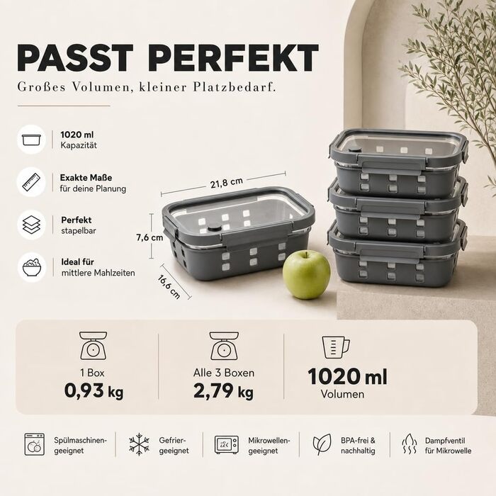 Набір контейнерів для їжі Meal Prep зі скляними кришками, герметичні, 3 шт. по 1020 мл, Cabrera