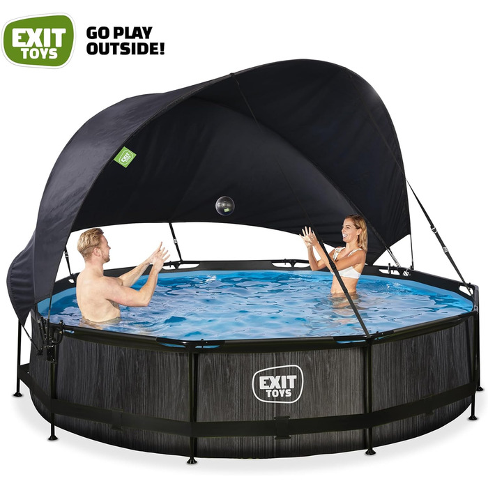Басейн EXIT TOYS Black Wood круглий 360x76 см із сонцезахисним навісом, картриджним фільтром, міцною рамою, унікальним дизайном, чорний