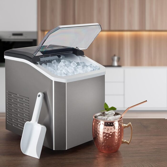 Машина для льоду Nutrilovers NUTRI-ICE MAKER з нержавіючої сталі: прозорий лід двох розмірів (S/L) + келих для Moscow Mule та кулінарна книга