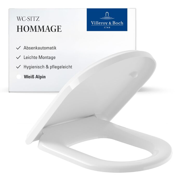 Сидіння для унітазу Villeroy & Boch Hommage з мікроліфтом, Duroplast, D-подібне, білий глянцевий (Alpin)