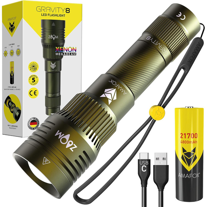 Ліхтарик AMAFOX G8-2100 люмен XENON Megabeam, LED, акумулятор 21700 mAh, військовий зелений, надяскравий, USB-C зарядка