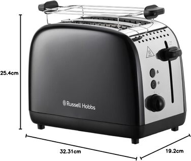 Тостер Russell Hobbs Colours Plus Edelstahl на 2 тости, чорний - з підставкою для булочок, 6 режимів підсмажування, розморожування, функція Lift & Look, 1600 Вт