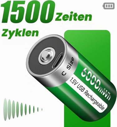 Акумулятори типу C (LR14) 1.5V 6000mWh перезарядні літієві батареї з USB-C портом для швидкої зарядки, 4 шт. (комплект з кабелем)