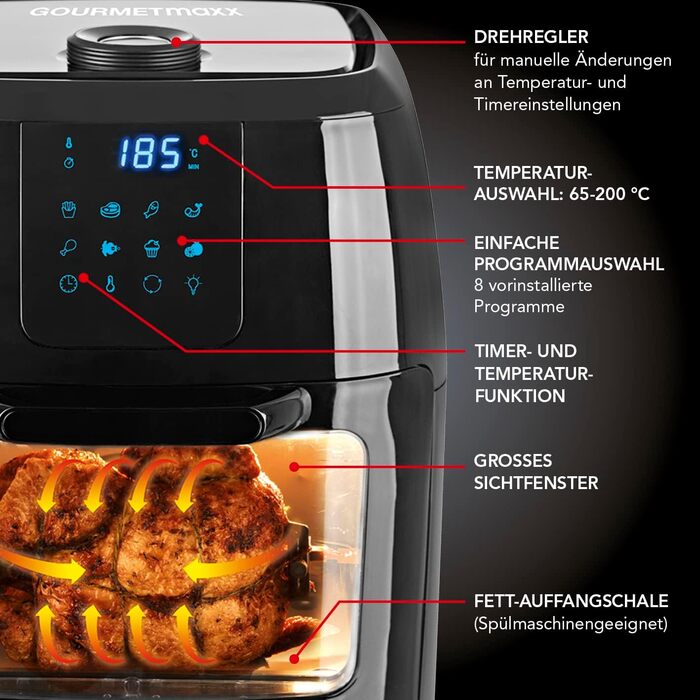 GOURMETmaxx цифрова аерофритюрниця XXL 9 л, 1800 Вт, чорна — електрична повітряна фритюрниця з таймером, сенсорним дисплеєм, 8 програмами, вертелом і шампурами для шашлику, для здорового та енергоощадного приготування