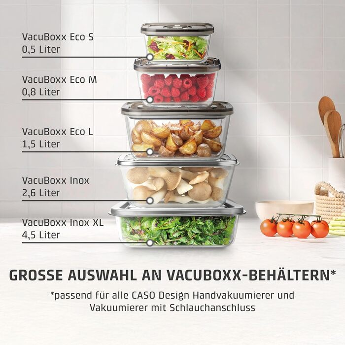 Вакууматор CASO Vacu OneTouch Eco-Set: бездротовий ручний вакууматор з 3 скляними контейнерами, 10 ZIP-пакетами та наклейками Food Manager, чорний