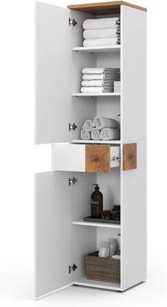 Високий шафа для ванної Vicco Eden, білий глянець/дуб Артизан, 40x184,2 см, 2 двері, шухляда