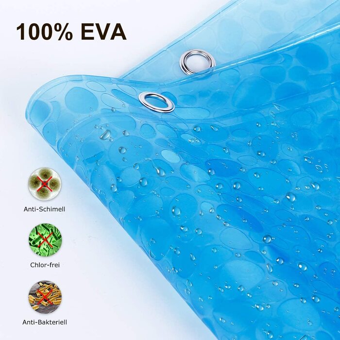 Душова завіса WELTRXE EVA 183x200 см, антибактеріальна, водонепроникна, з магнітним обтяжувачем, антигрибкова, 3D синій камінь, з кільцями, для ванної та душу