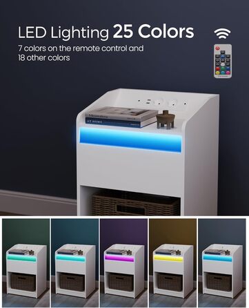 Тумба приліжкова Hzuaneri з LED-підсвіткою, USB, розетками, шухлядою та відкритою полицею, біла, для спальні та вітальні
