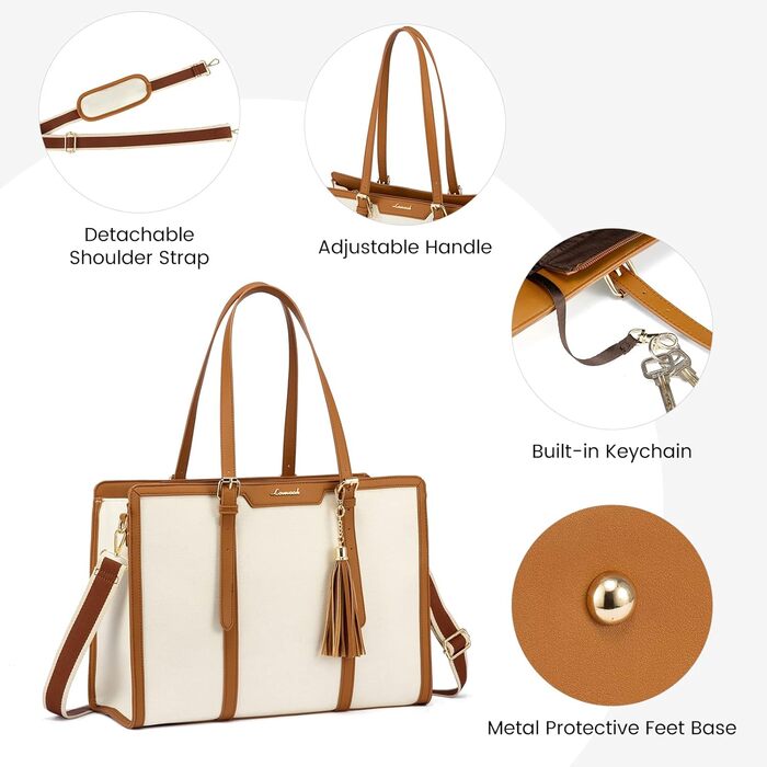 Жіноча сумка для ноутбука LOVEVOOK 15.6 дюймів, велика шопер-сумка з канвасу через плече, елегантна ділова сумка для роботи, офісу та подорожей, бежево-коричнева
