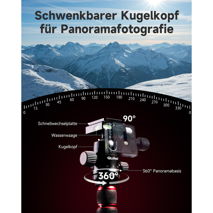 Штатив Rollei Compact Traveler No. 2 чорний, 180 см, алюмінієвий, з моноподом, 360° кульова голівка, для DSLR та смартфона, фотоштатив для подорожей