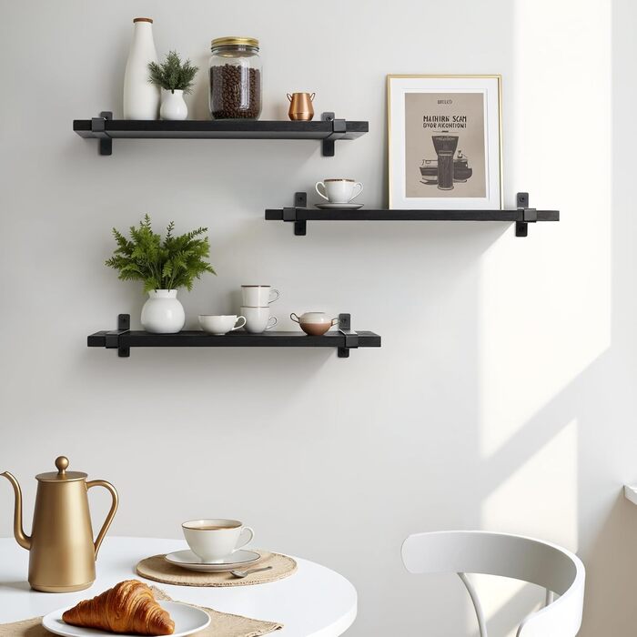 Набір настінних полиць Gronda Holz 3 шт. чорного кольору 60 см (40x12x1.5 см) - полиці без свердління для кухні, ванної, вітальні, книжкові полиці в стилі вінтаж