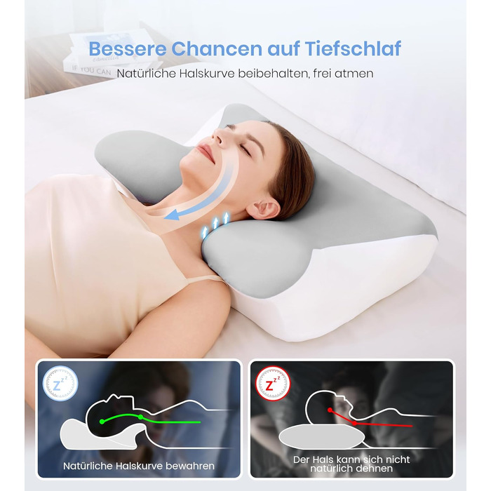 Ортопедична подушка з піни Memory Foam 2-в-1, 60x41.5x10/12 см, біла/сіра - для сну на боці, спині, животі