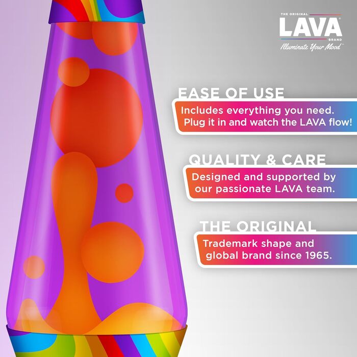 Лавова лампа LAVA Lampe (36.8 см) з ефектом руху кольорів, помаранчева та фіолетова рідина, друкована основа, модель #2090 Rainbow