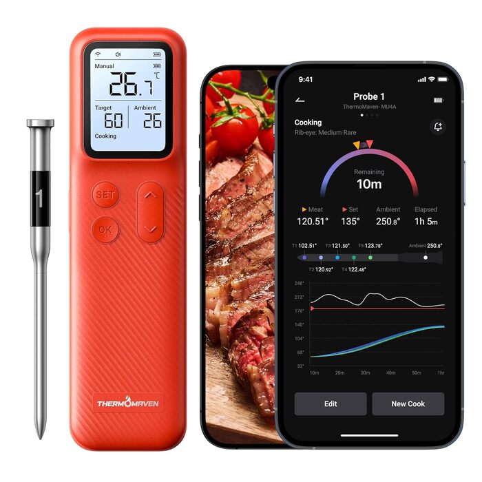 ThermoMaven P2 Розумний термометр для м'яса з Bluetooth 5.3, 6 датчиків, Wi-Fi моніторинг, водонепроникний IPX8, для гриля, духовки, кухні, фритюрниці (1 зонд)