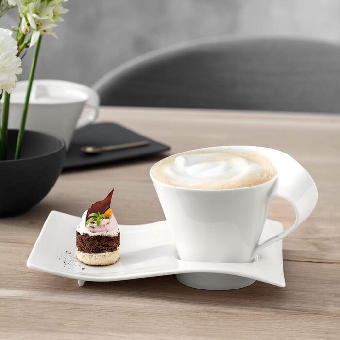 Капучино-сервіз Villeroy & Boch NewWave Premium, 8 предметів на 4 персони, білий, для кави, безпечний у посудомийній машині та мікрохвильовій печі, хвильовий дизайн