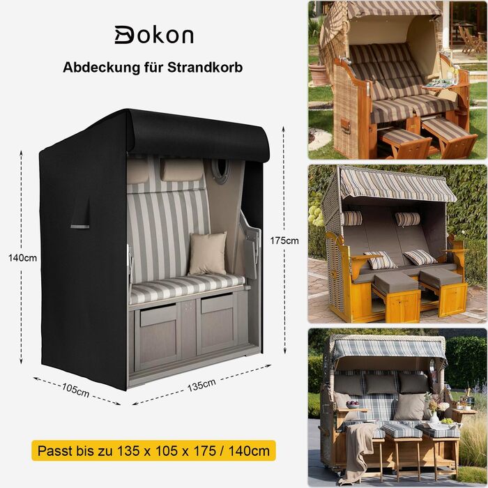 Чохол для підвісного крісла водонепроникний Dokon з блискавкою та шнурком, захисний чохол від сонця та вітру 420D Oxford (190x115 см, чорний)