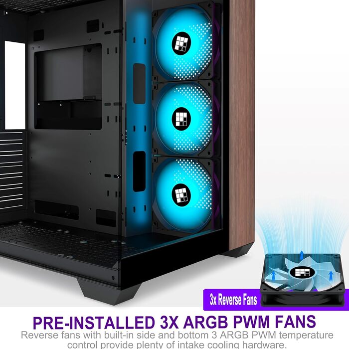 Ігровий корпус FOIFKIN M9 ATX Mid-Tower, чорний, з дерев'яною горіховою передньою панеллю, трьома встановленими PWM ARGB вентиляторами, 270° панорамним склом, Type-C