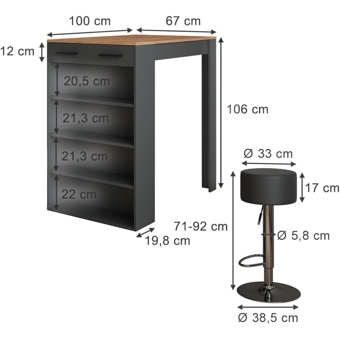 Барний комплект Vicco Bartisch Repose Goldkraft Дуб/Антрацит 67x100 см з 2 барними стільцями - високий стіл з регульованими полицями