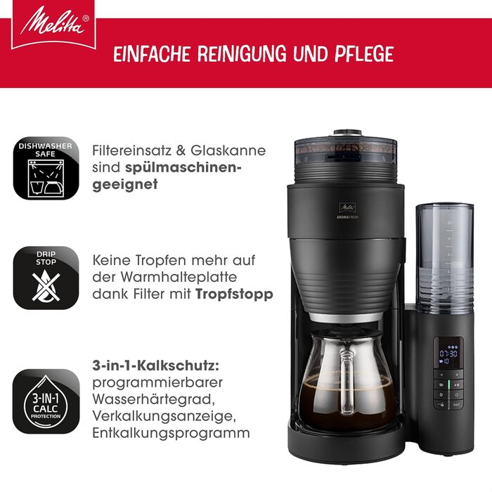 Кавоварка Melitta AromaFresh X з млинком, фільтр-кавоварка з скляним глечиком і захистом від капання, до 10 чашок, чорна/срібляста