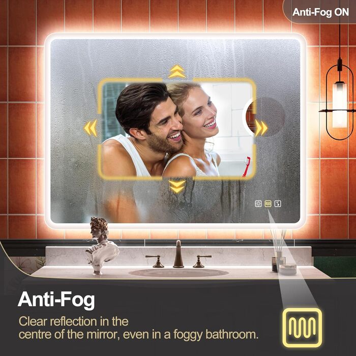 Дзеркало для ванної кімнати S'bagno з підсвічуванням 80x60 см, LED, Bluetooth, 5x збільшення, протитуманне покриття, 3 кольори, регулювання яскравості, пам'ять налаштувань, загартоване скло, IP44, водонепроникність, горизонтальна/вертикальна установка, M6