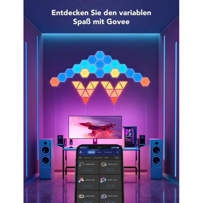 Світлодіодна панель Govee Glide Hexagon RGBIC 10 шт, розумне підсвічування для стін, Wi-Fi, музична синхронізація, сумісна з Alexa та Google Assistant, декоративне освітлення для геймінгу та кімнати
