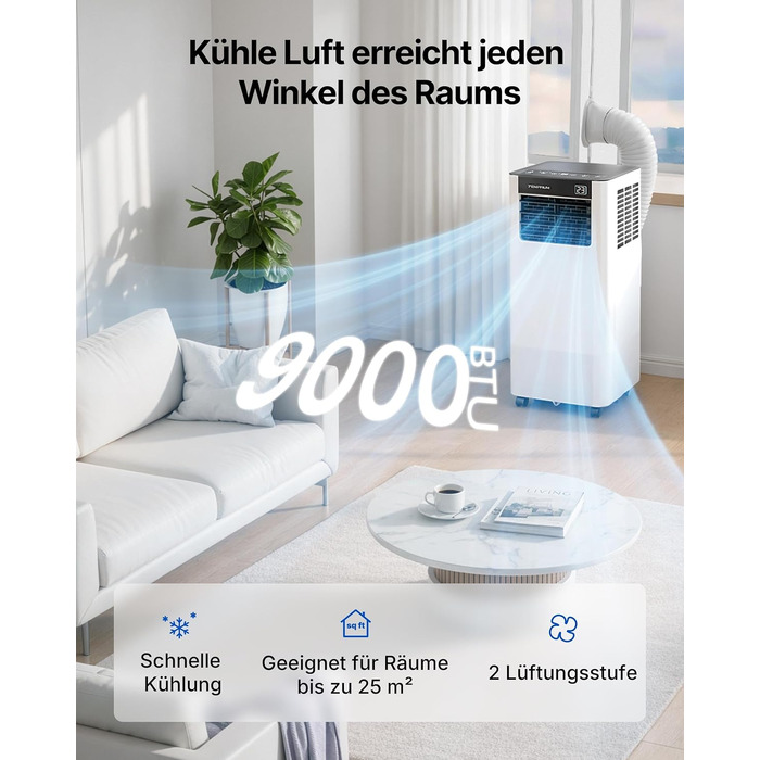 Мобільний кондиціонер 9000 BTU 2.6 кВт з шлангом + APP-керування | 3-в-1 для кімнат до 25 м²
