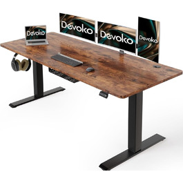 Електричний регульований стіл Devoko 160x70 см з кабель-каналом, ергономічний комп'ютерний стіл для роботи стоячи та сидячи, 2-позиційна пам'ять, стільниця з клену