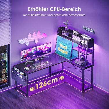 Ігровий стіл кутовий Coleshome L-подібний з LED підсвіткою, 130x100 см, з полицями та кишенями для зберігання, реверсивний, для геймерів та домашнього офісу, чорний