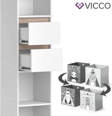 Дитячий стелаж Vicco Robert, білий/дуб сонома, 36.2x171 см, з складними коробами (сірі, різнокольорові)