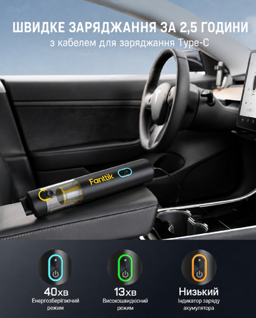 Потужний акумуляторний автопилосос Fanttik Slim V8 Apex, 19000 Па, 45 AW, RobustClean™, 4-в-1, міні-насос, портативний пилосос для авто і дому, чорний