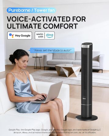 Вентилятор вежовий Leiser Smart 25дБ з осциляцією 90°, 4 режими, таймер 12 год, 109 см, чорний