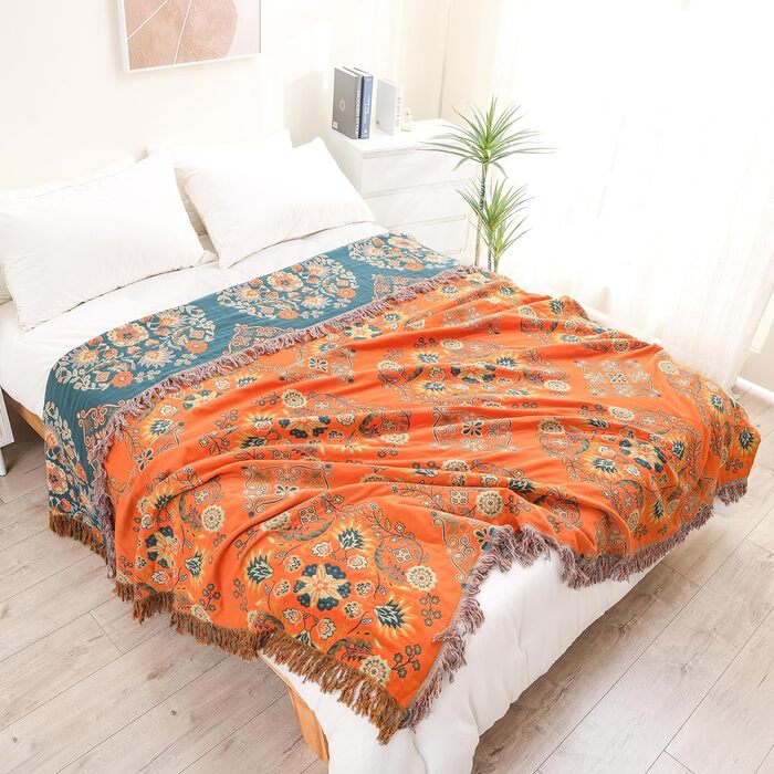 Двосторонній плед HOORDRY з бавовни Boho 150x200 см, покривало на ліжко, диван чи крісло, зелений та помаранчевий, з візерунком, для сну чи відпочинку