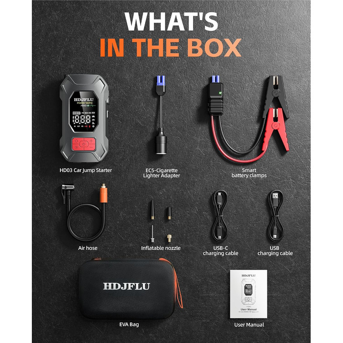 Пусковий пристрій Jump Starter 7500A з компресором 180 PSI та Powerbank 24000mAh для бензинових та дизельних авто (до 10.0L), PD65W, LED-дисплей