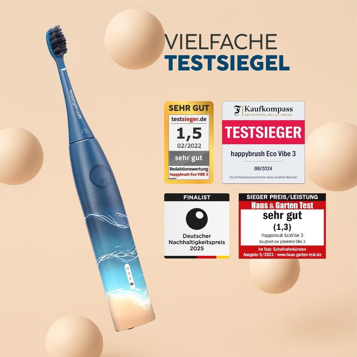 Електрична звукова зубна щітка happybrush® Eco Vibe 3+ – Чорний (Ocean) – Комплект з насадками, 2 роки гарантії