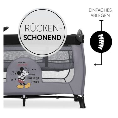Дитяче дорожнє ліжечко Hauck Sleep N Play Center Disney Mickey Mouse Grey з люлькою для новонароджених, пеленальним столиком, сумкою для транспортування, колесами, боковим входом, компактно складається, для дітей від народження до 15 кг