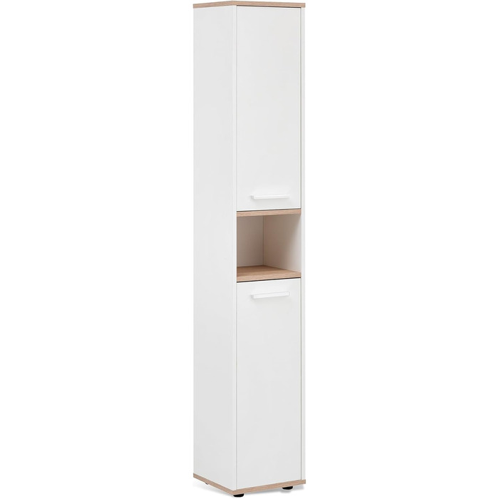 Високий шафа BadeDu ARC для ванної, 30x177x28 см, білий/дуб, вузький, з хромованими ручками, дерев'яний