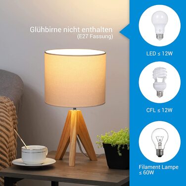 Настільна лампа EDISHINE з дерева, статив, E27, вінтажний лляний абажур, біла, для спальні та вітальні, подарунок, світле дерево, без лампочки