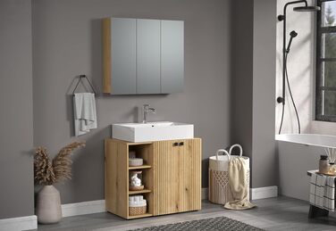 Тумба під раковину на колесахх trendteam PureBliss, 80x64x42 см, дуб Evoke, з 2 відкритими полицями та металевими ручками