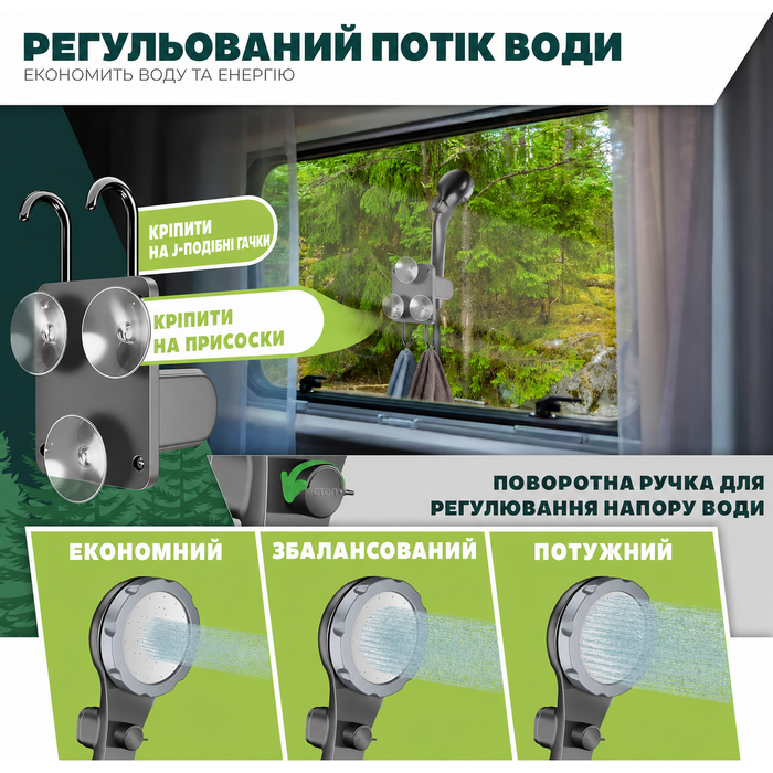 Портативний душ KESSER для кемпінгу з сонячною зарядкою, насосом і акумулятором 8000 мА·год, комплект: душова лійка, 2м шланг, розпилювач і кріплення