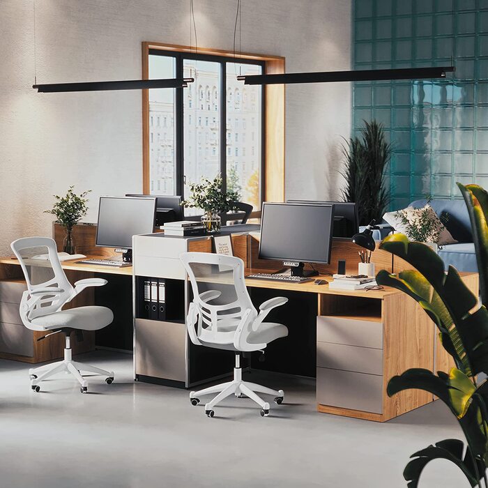 Ергономічне офісне крісло Flash Furniture, сітка, середньої висоти, з відкидними підлокітниками, світло-сіра сітка/білий каркас, 64.77x62.23x104.78 см