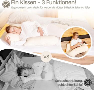 Подушка для вагітних та годування XL для сну на боці, з наповнювачем Memory Foam та чохлом з 100% бавовни, бежева