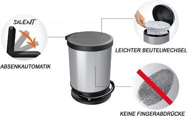 Смітник Rotho Paso 20 л з кришкою, сріблястий, пластик, BPA Free