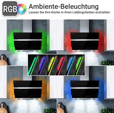 Пристінна витяжка KKT Kolbe Hermes 8005SM 80 см, нержавіюча сталь та чорне скло, продуктивність 782 м³/год, WLAN, RGBW-LED підсвічування, сенсорне керування, клас A+++
