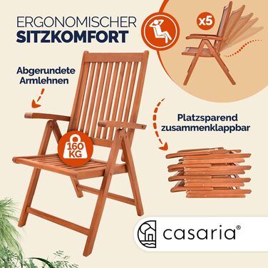 Садовий стілець Casaria® (2 шт) складний з дерева (Евкаліпт FSC®) для саду, балкону, тераси. Регульована спинка (5 положень) 55x70 см, коричневий